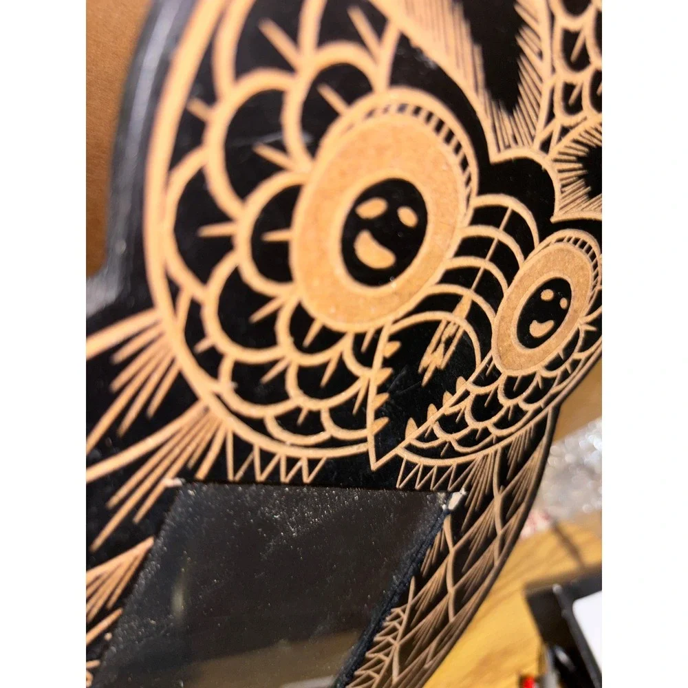 Wooden Owl Picture Frame Black Etched Folk Art 4x6 Photo Tabletop Decor